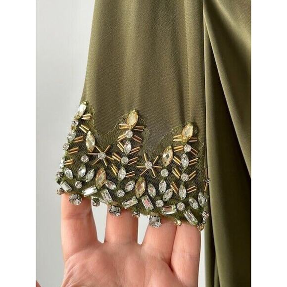Ieena By Mac Duggal One Sleeve Beaded Cuff Side Twist Gown Dress Olive Green 8 - Picture 6 of 9